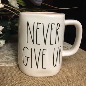 Rae Dunn Never Give Up Mug - Matte, Pink Interior